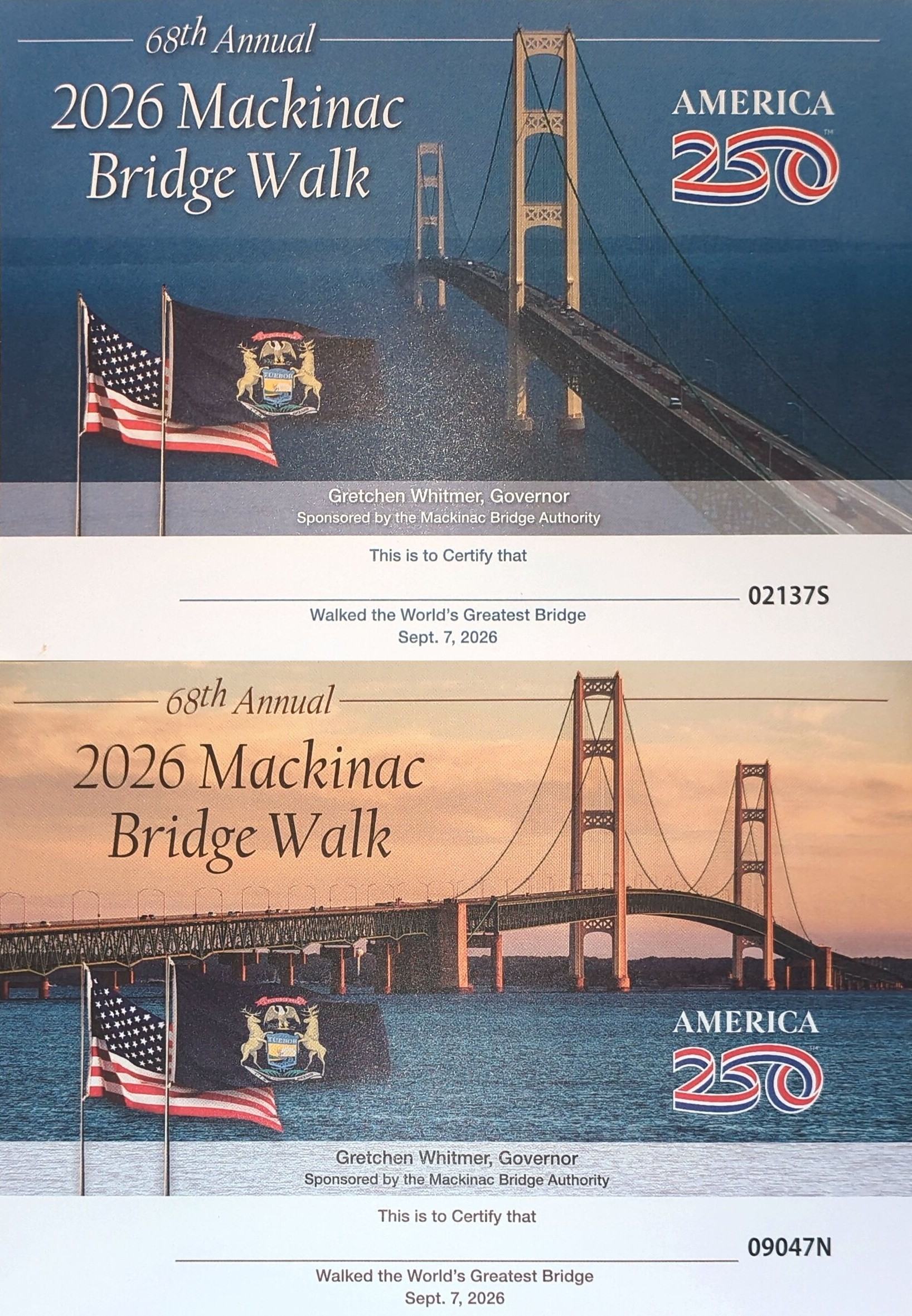 Image of two certificates: one for crossing the bridge southbound and one for crossing it northbound. The southbound certificate has an image of the bridge under dark day conditions, while the northbound certificate has an image of the bridge at sunrise or sunset.