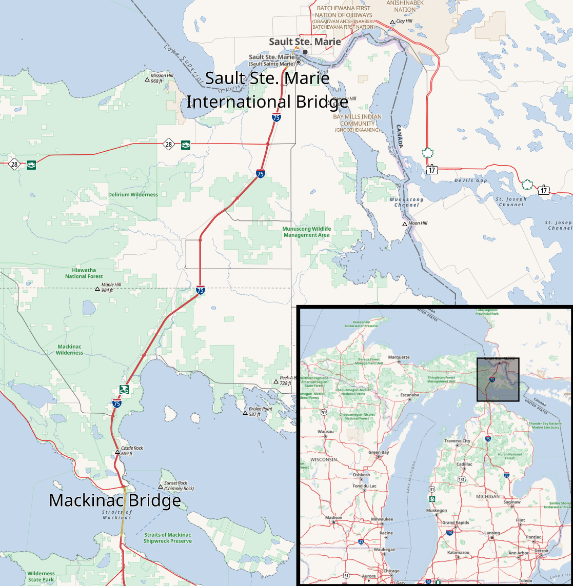 Map of the eastern Upper Peninsula of Michigan, with the Mackinac Bridge and Sault Ste. Marie International Bridge labeled.